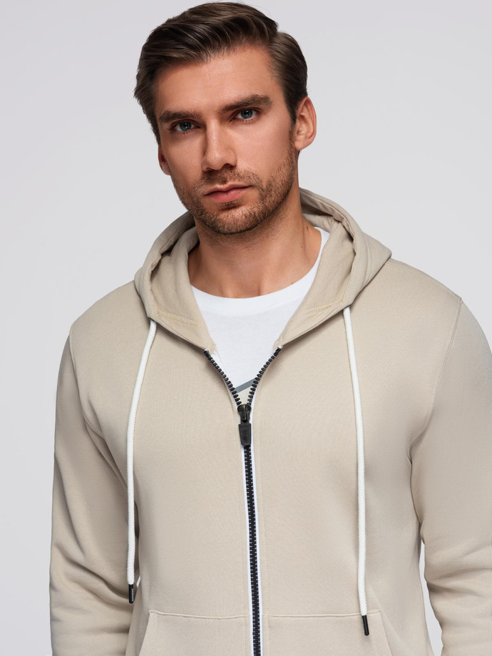 Bluza męska dresowa BASIC rozpinana z kapturem - jasnobeżowa V1 OM-SSBZ-0178