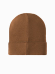 Czapka dzianinowa męska beanie z haftowanym napisem – brązowa V4 OM-ACWH-0120