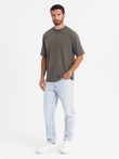 T-shirt bawełniany męski LOOSE FIT z okrągłym dekoltem – ciemnooliwkowy V7 OM-TSBC-0234
