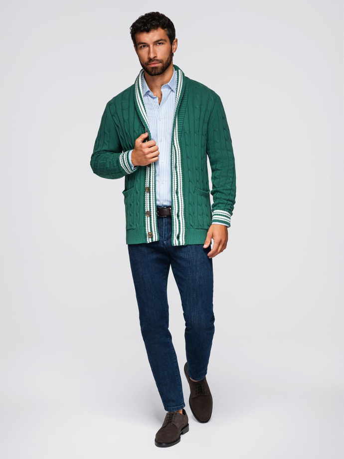 Męski sweter kardigan z szalowym kołnierzem w stylu preppy - zielony V2 OM-SWCD-0152
