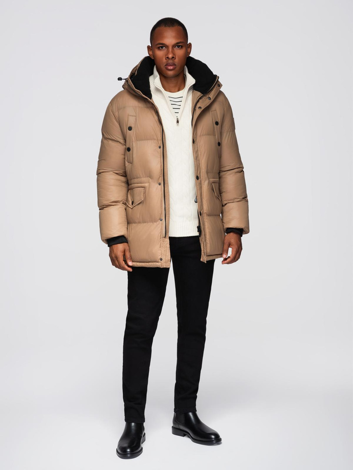 Długa męska kurtka puffer z zapinanymi kieszeniami – brązowa V2 OM-JALJ-0186