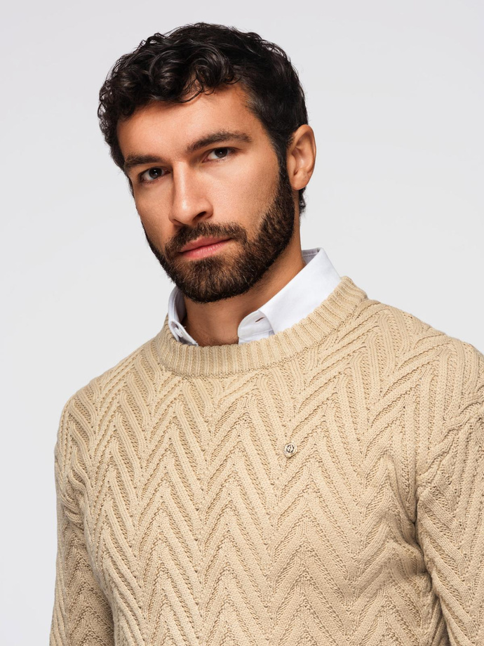 Sweter męski z dzianiny o zygzakowym splocie – piaskowy V1 OM-SWSW-0147