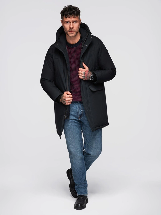 Klasyczna długa męska kurtka typu parka – czarna V6 OM-JAPJ-0313