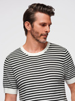 Dzianinowy t-shirt męski w marynarskie paski z ażurowym splotem – czarno-biały V1 OM-TSCT-0255