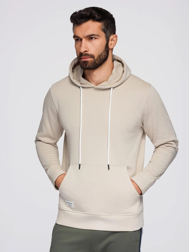 Męska bluza dresowa BASIC kangurka z kapturem - jasnobeżowa V1 B1674