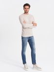 Sweter męski z teksturą i półokrągłym dekoltem - beżowy V6 OM-SWSW-0104