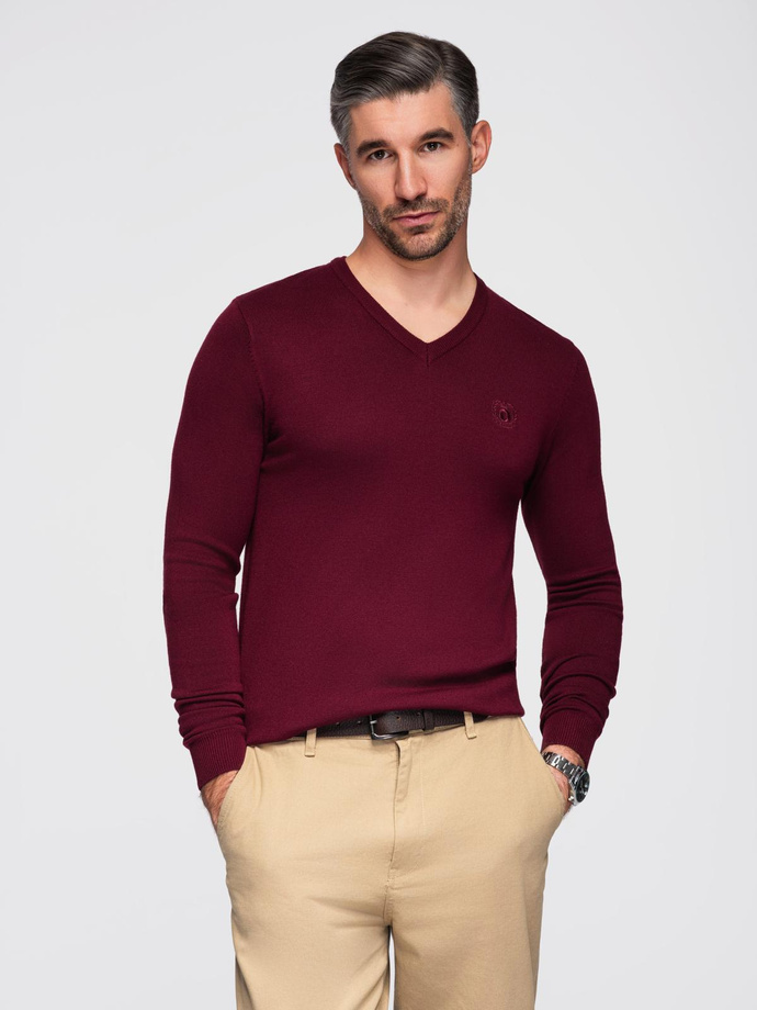 Sweter męski elegancki BASIC V-neck z wiskozą – bordowy V13 OM-SWBS-0107