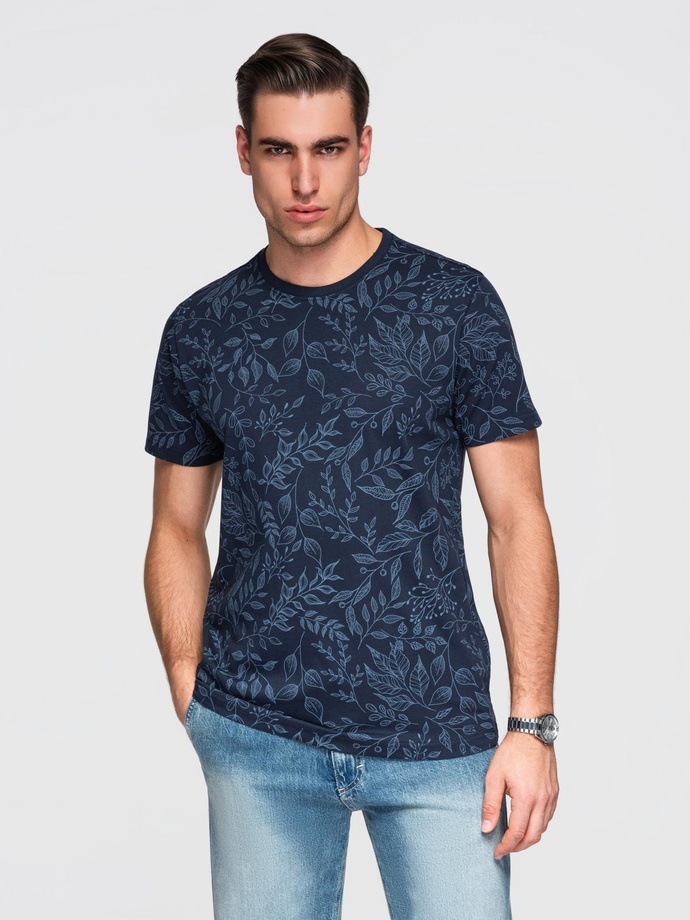 Męski t-shirt bawełniany z nadrukiem z motywem roślinnym - granatowa V4 OM-TSFP-0262