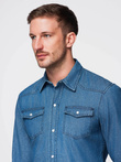Męska koszula jeansowa na zatrzaski z kieszonkami - niebieska V2 OM-SHDS-0210
