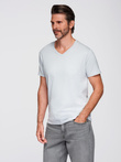 Klasyczna męska bawełniana koszulka z dekoltem w serek BASIC – jasnoszara V23 OM-TSBS-0237