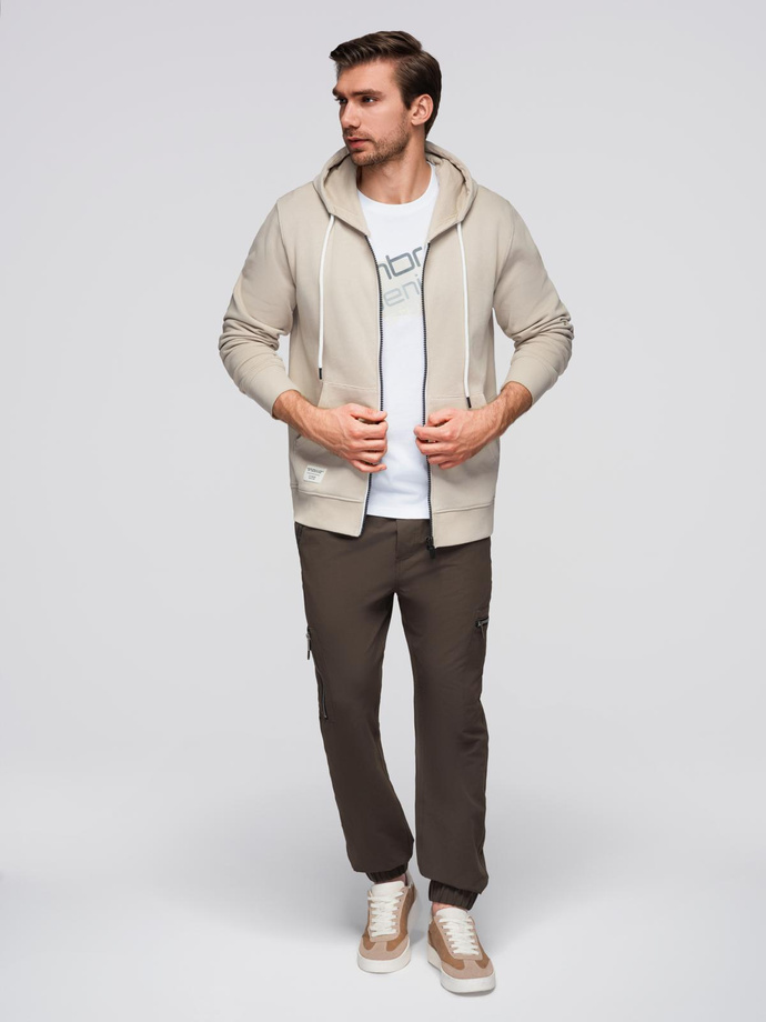 Bluza męska dresowa BASIC rozpinana z kapturem - jasnobeżowa V1 OM-SSBZ-0178