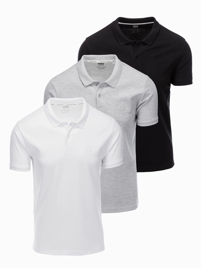 Komplet bawełnianych męskich t-shirtów polo BASIC – czarny/szary melanż/biały V2 OM-POBS-0133
