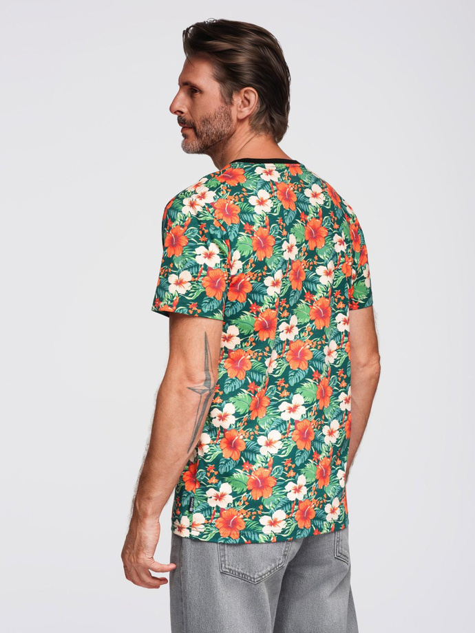 Męski t-shirt bawełniany w kwiatowy wzór full print – czarny V2 OM-TSFP-0249