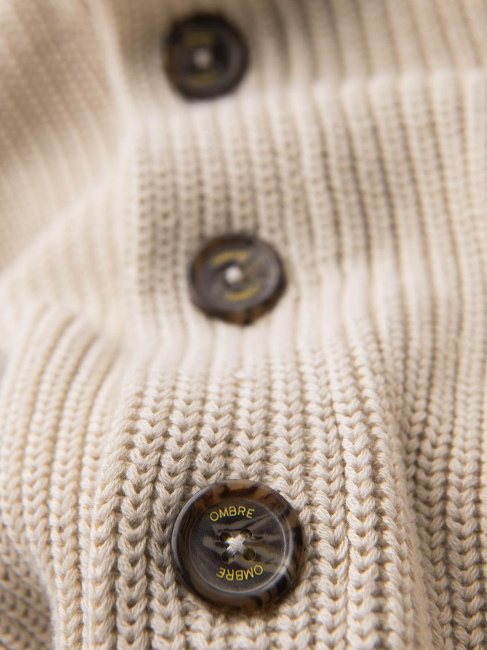 Bawełniany sweter męski  kardigan z szalowym kołnierzem - beżowy V2 OM-SWCD-0153