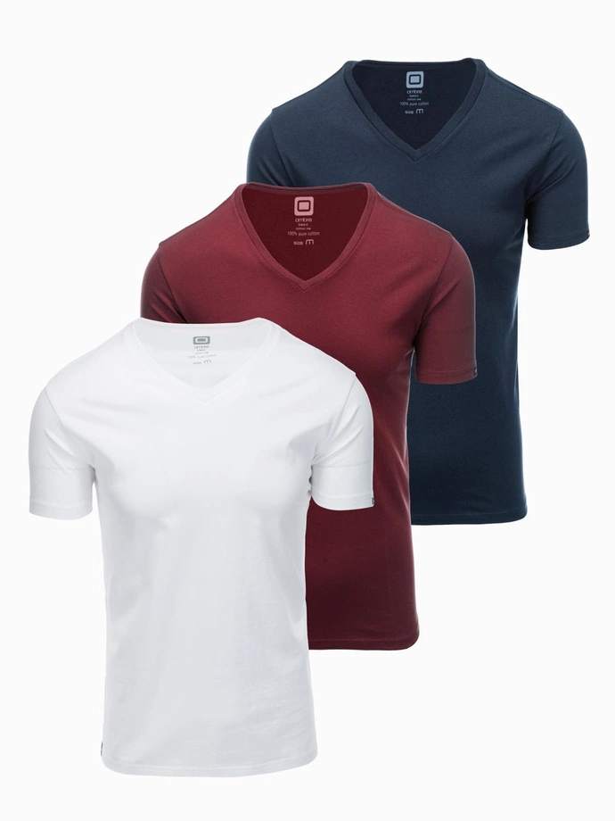 Zestaw męskich koszulek bawełnianych V-neck BASIC – biały/granatowy/bordowy V13 OM-TSBS-0233 