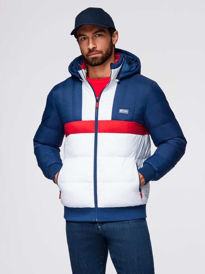 Kolorowa sportowa męska  kurtka w stylu retro – niebiesko-biała V1 OM-JALP-0296