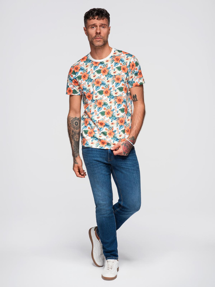 T-shirt męski bawełniany w kwiatowy wzór full print – biały V1 OM-TSFP-0249