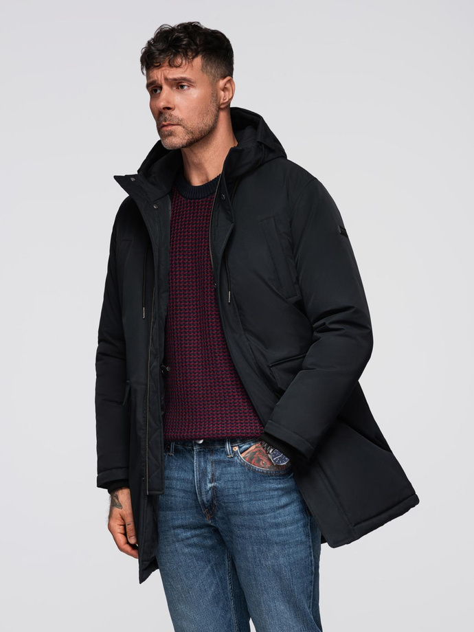 Klasyczna długa męska kurtka typu parka – czarna V6 OM-JAPJ-0313