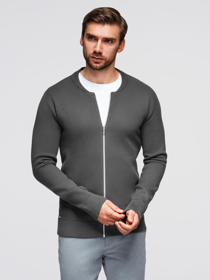 Męski sweter gładki na zamek  – grafitowy V2 OM-SWZS-0146