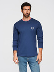 Męski bawełniany longsleeve z dekoltem U w paski i haftem – ciemnoniebieski V3 OM-LSCL-0128