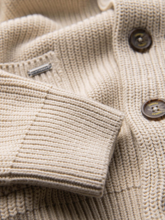 Bawełniany sweter męski  kardigan z szalowym kołnierzem - beżowy V2 OM-SWCD-0153