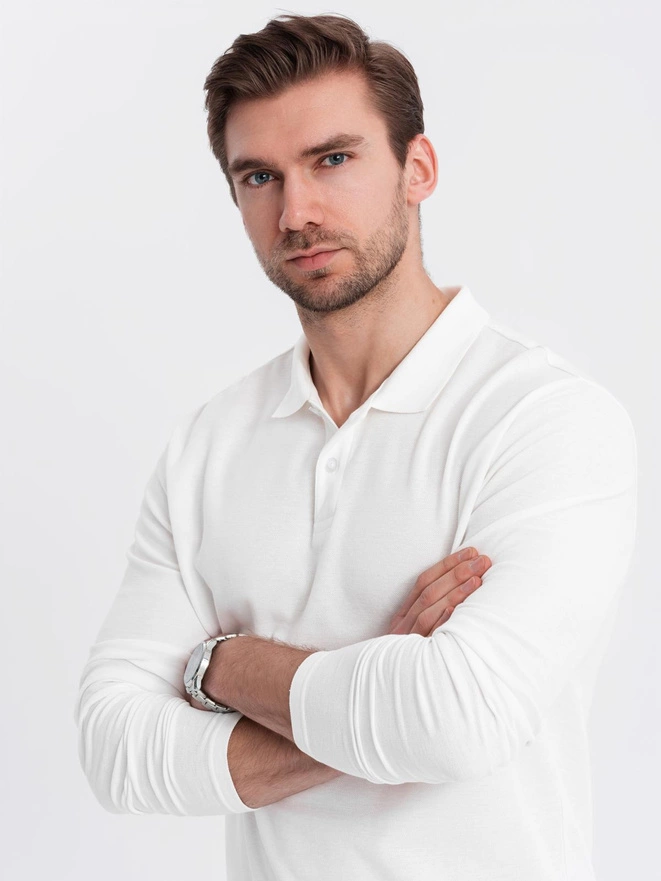 Longsleeve męski BASIC z kołnierzykiem polo – biały V1 OM-POBL-0114