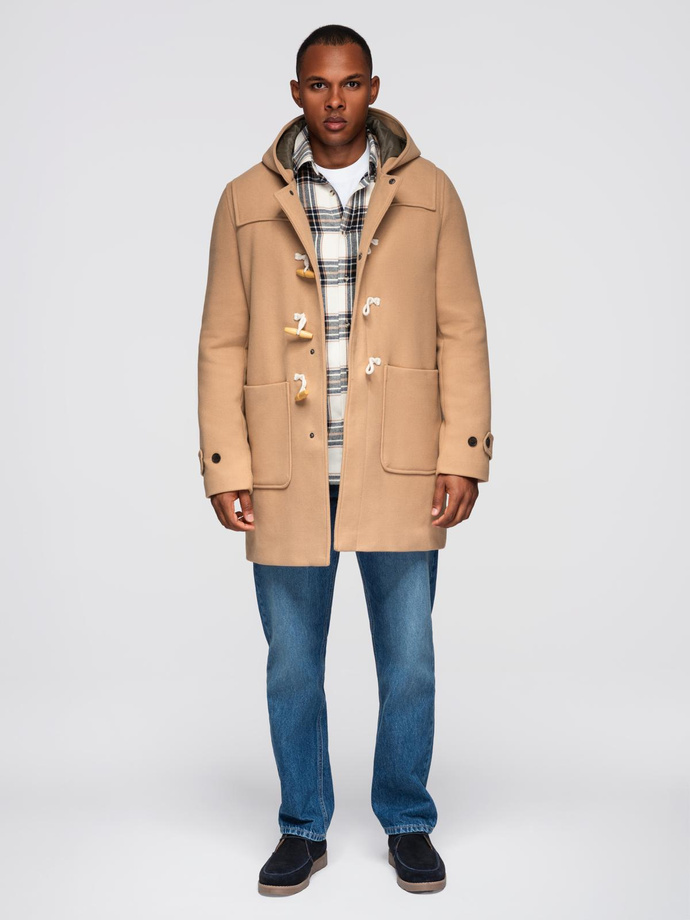 Płaszcz męski z wełną i kapturem duffle coat – jasnobrązowy V1 OM-COWC-0131