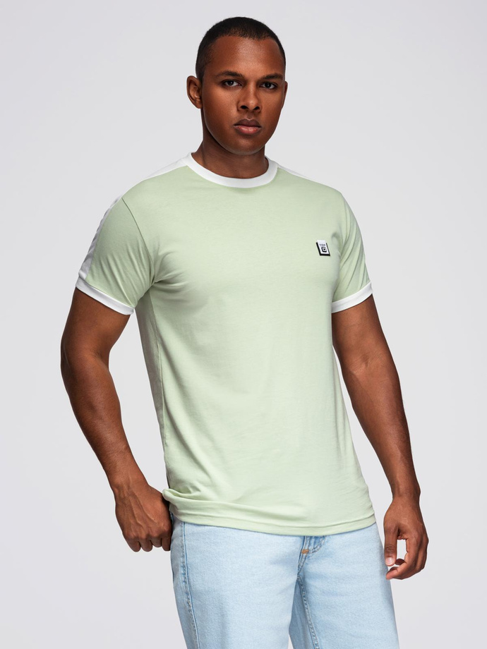 T-shirt męski z kontrastowymi lampasami – pistacjowy V9 OM-TSCT-0115