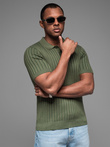 Męska koszulka polo z wiskozą SLIM FIT w pionowy prążek – oliwkowa V4 OM-POSS-0143