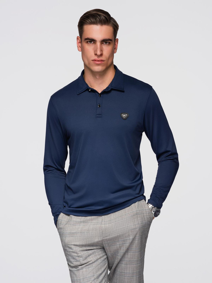 Polo koszulka z długim rękawem zapinana na eleganckie, brandowane guziki – granatowa V3 OM-POLS-0139