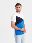 T-shirt męski trójkolorowy bawełniany - biało-niebieski V4 OM-TSCT-0174