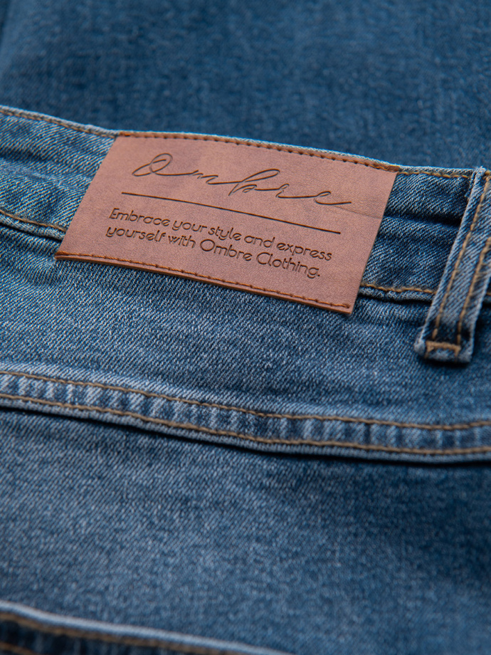 Męskie spodnie jeansowe SLIM FIT z przetarciami - ciemnoniebieskie V2 OM-PADP-0255