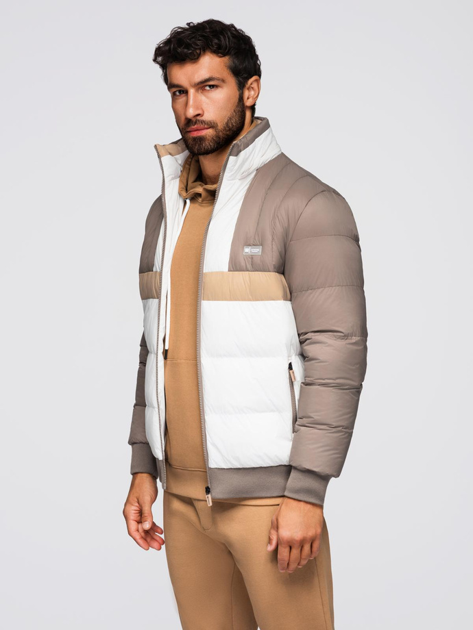 Kolorowa sportowa męska kurtka w stylu retro – beżowo-biała V2 OM-JALP-0296