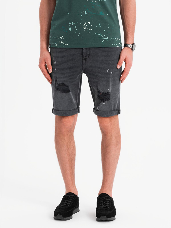 Męskie krótkie spodenki jeansowe z przetarciami i podwiniętą nogawką – szare V3 OM-SRDS-0186