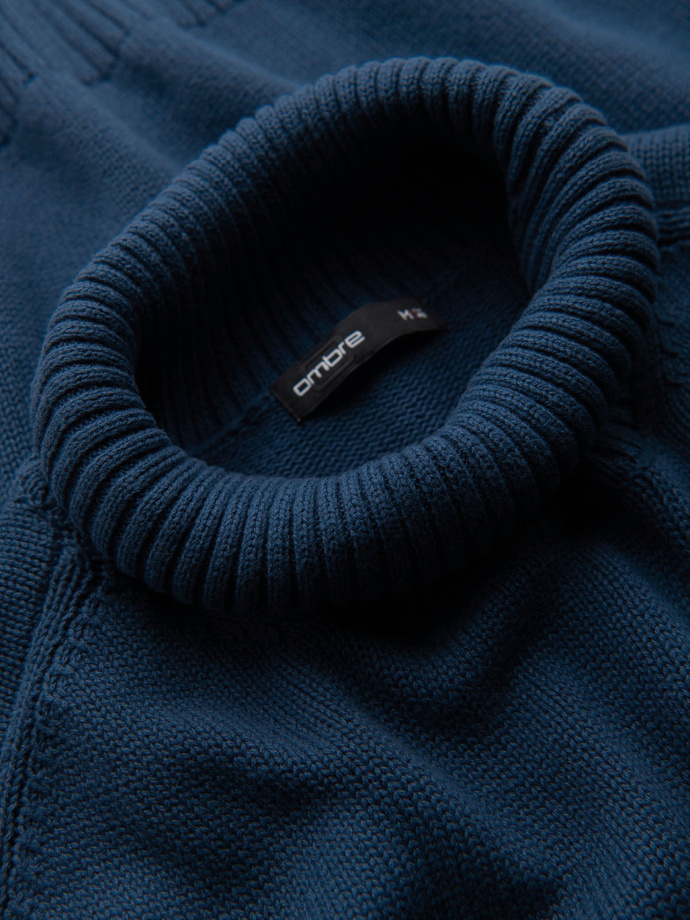 Męski golf sweter z dzianiny – ciemnoniebieski V2 OM-SWTN-0163