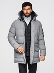 Długa męska kurtka parka ze strukturalnej tkaniny – szara V2 OM-JALJ-0201