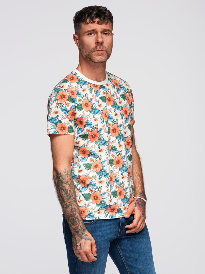 T-shirt męski bawełniany w kwiatowy wzór full print – biały V1 OM-TSFP-0249