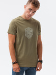 T-shirt męski z nadrukiem - oliwkowy V-25B S1434