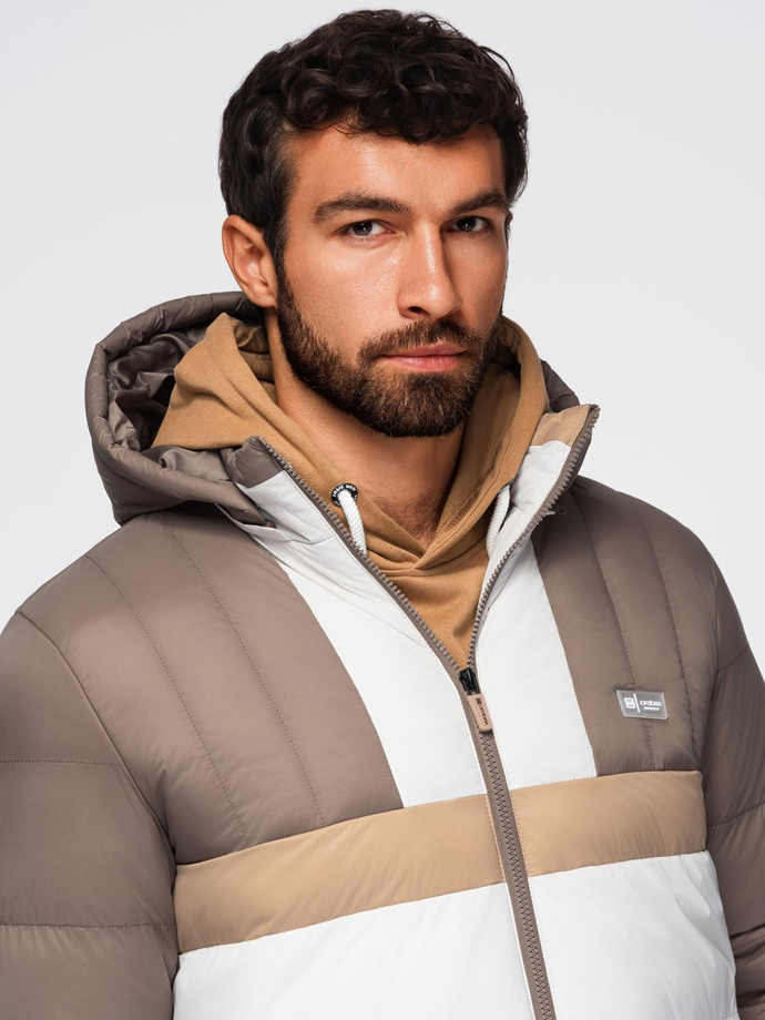 Kolorowa sportowa męska kurtka w stylu retro – beżowo-biała V2 OM-JALP-0296