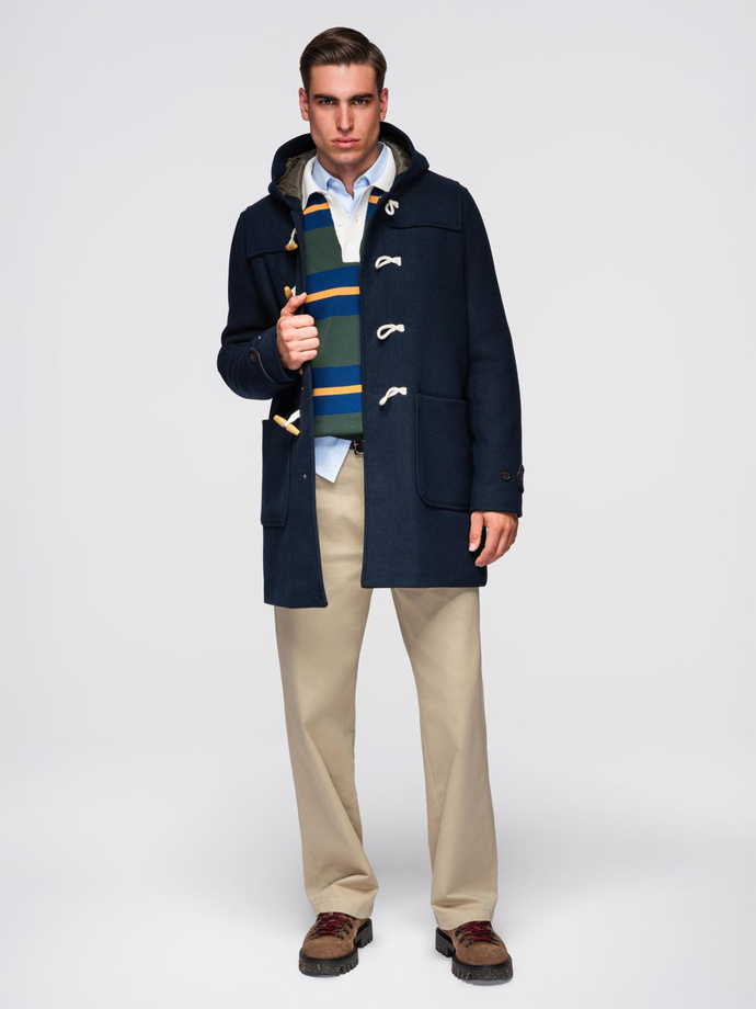 Męski płaszcz z wełną i kapturem duffle coat – granatowy V2 OM-COWC-0131