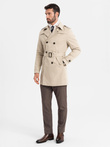 Elegancki męski płaszcz trencz SLIM FIT z paskiem – beżowy V1 OM-COSC-0126