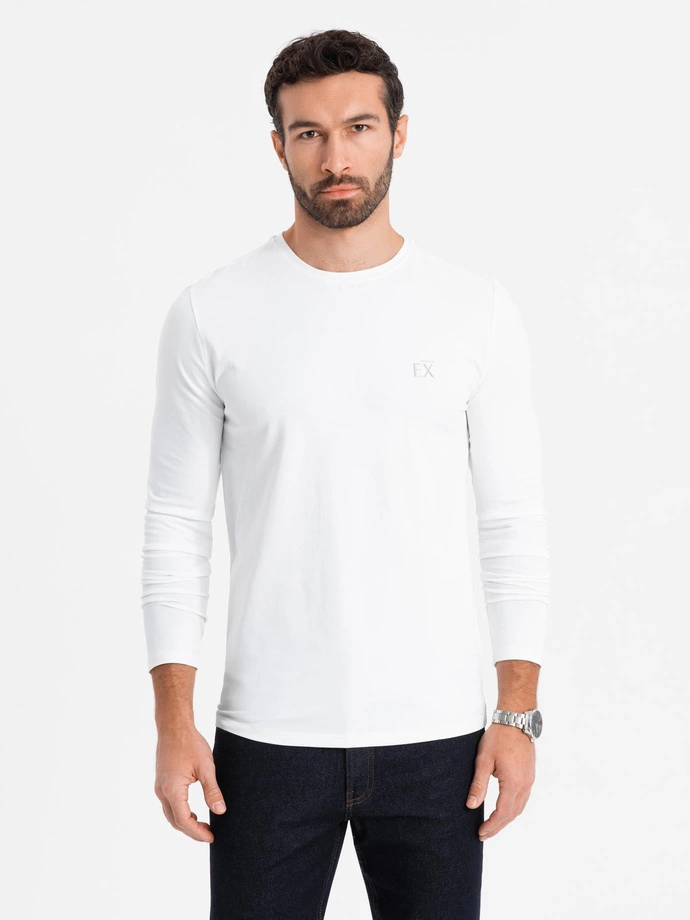 Męski longsleeve SLIM FIT z elastanem i printem – biały V2 OM-LSBC-0124