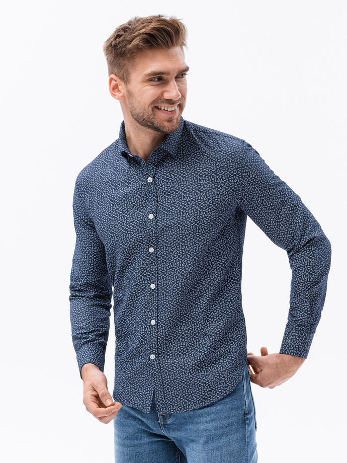 Bawełniana koszula męska z mikro printem paisley REGULAR FIT - granatowa V2 K636