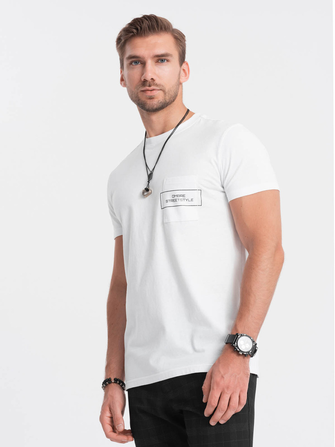 T-shirt męski bawełniany z nadrukiem na kieszonce - biały V8 S1742