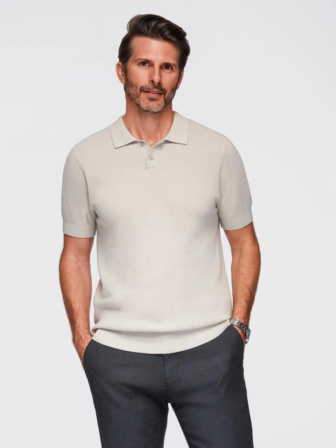 Męska bawełniana koszulka polo ze strukturalnej dzianiny – beżowa V6 OM-POSS-0117