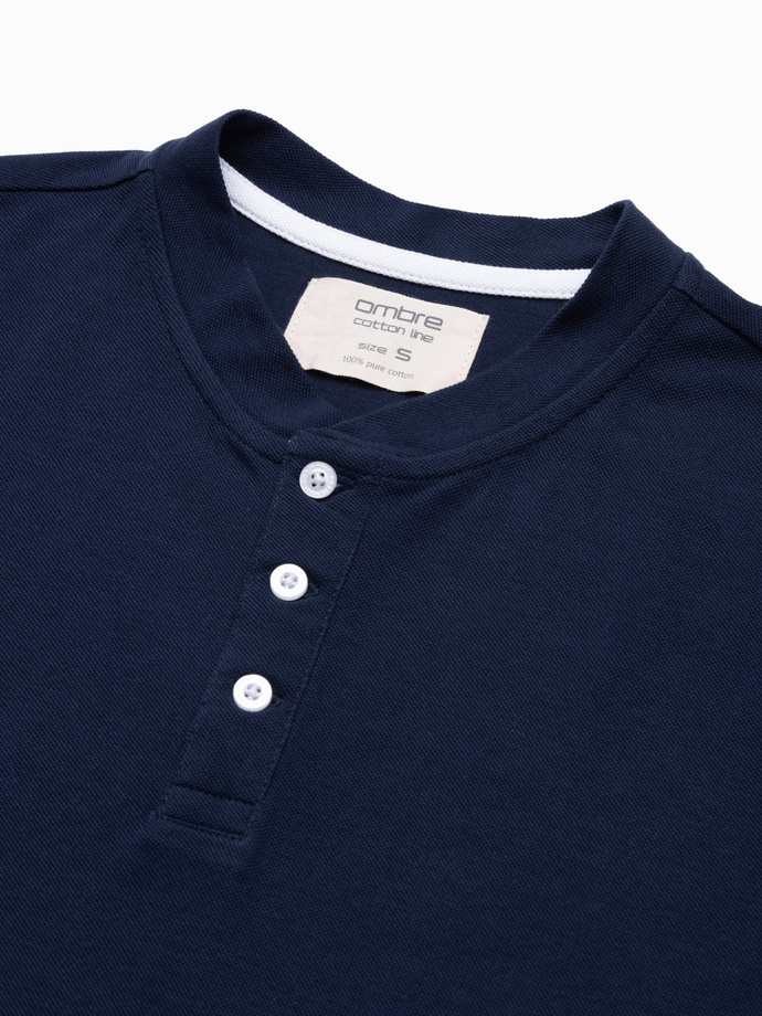 T-shirt męski polo bez kołnierzyka - granatowa V4 S1381