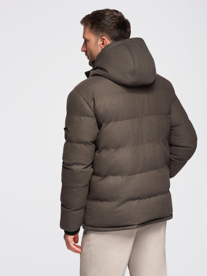 Męska kurtka casualowa puffer z wełną – ciemnooliwkowy melanż V4 OM-JAHP-0203