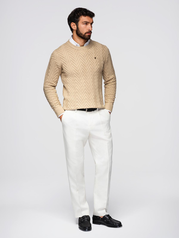Sweter męski z dzianiny o zygzakowym splocie – piaskowy V1 OM-SWSW-0147
