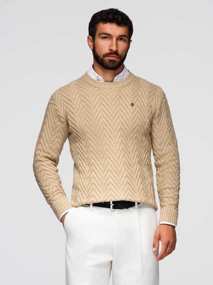 Sweter męski z dzianiny o zygzakowym splocie – piaskowy V1 OM-SWSW-0147
