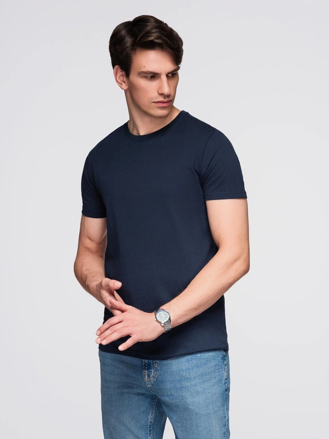 Klasyczny T-shirt męski bawełniany BASIC - granatowy V2 OM-TSBS-0236